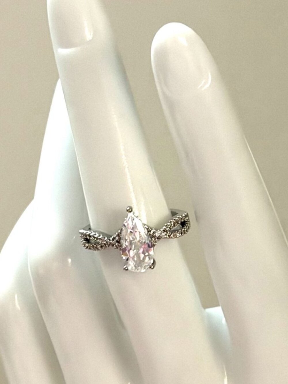 Silver Pear Cut Crystal CZ Ring Twisted Pavé Band Elegant Statement Ring